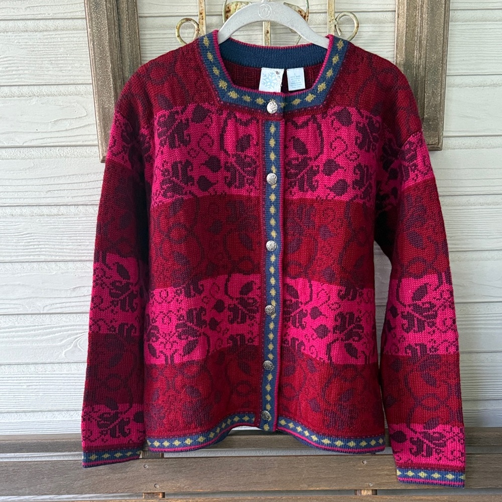 Frost Wool Vintage Nordic Striped Pink and Red Cardigan Jacket NWT